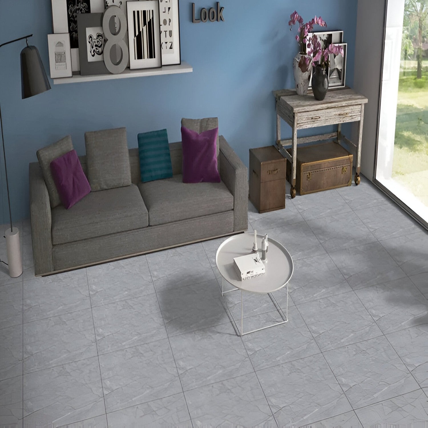 50255 Marble Ceramic Tile 24x24 Inch, featuring smooth white marble tones with subtle gray veining, perfect for elegant and durable flooring or wall applications.
