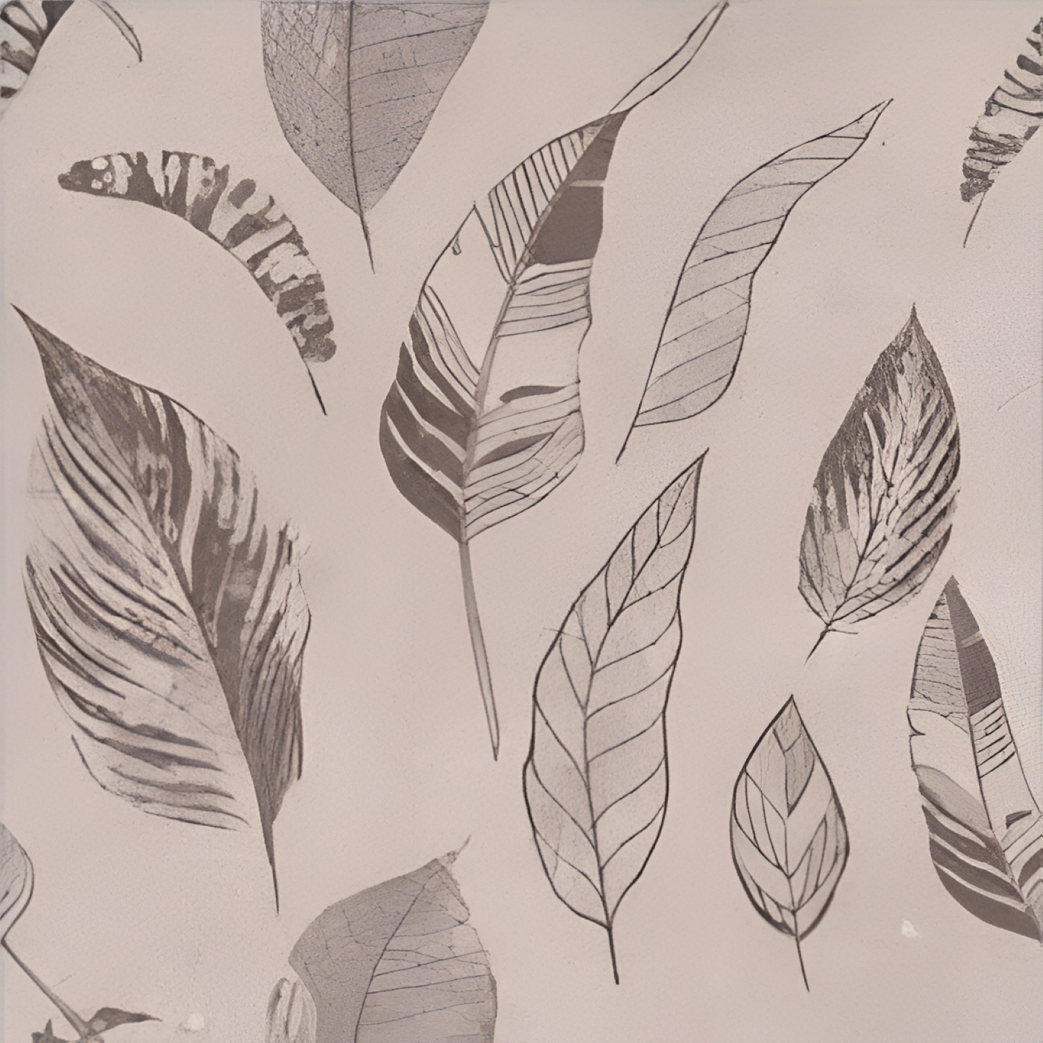 Decorative ceramic tile featuring a soft beige background with an elegant arrangement of delicate, sketched leaves in varying shades of brown and grey, creating a natural, airy, and botanical look.










