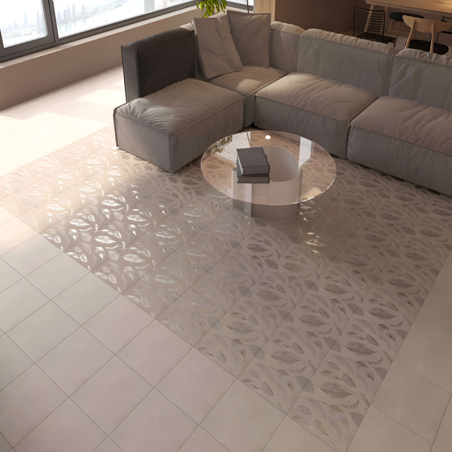 Decorative ceramic tile featuring a soft beige background with an elegant arrangement of delicate, sketched leaves in varying shades of brown and grey, creating a natural, airy, and botanical look.









