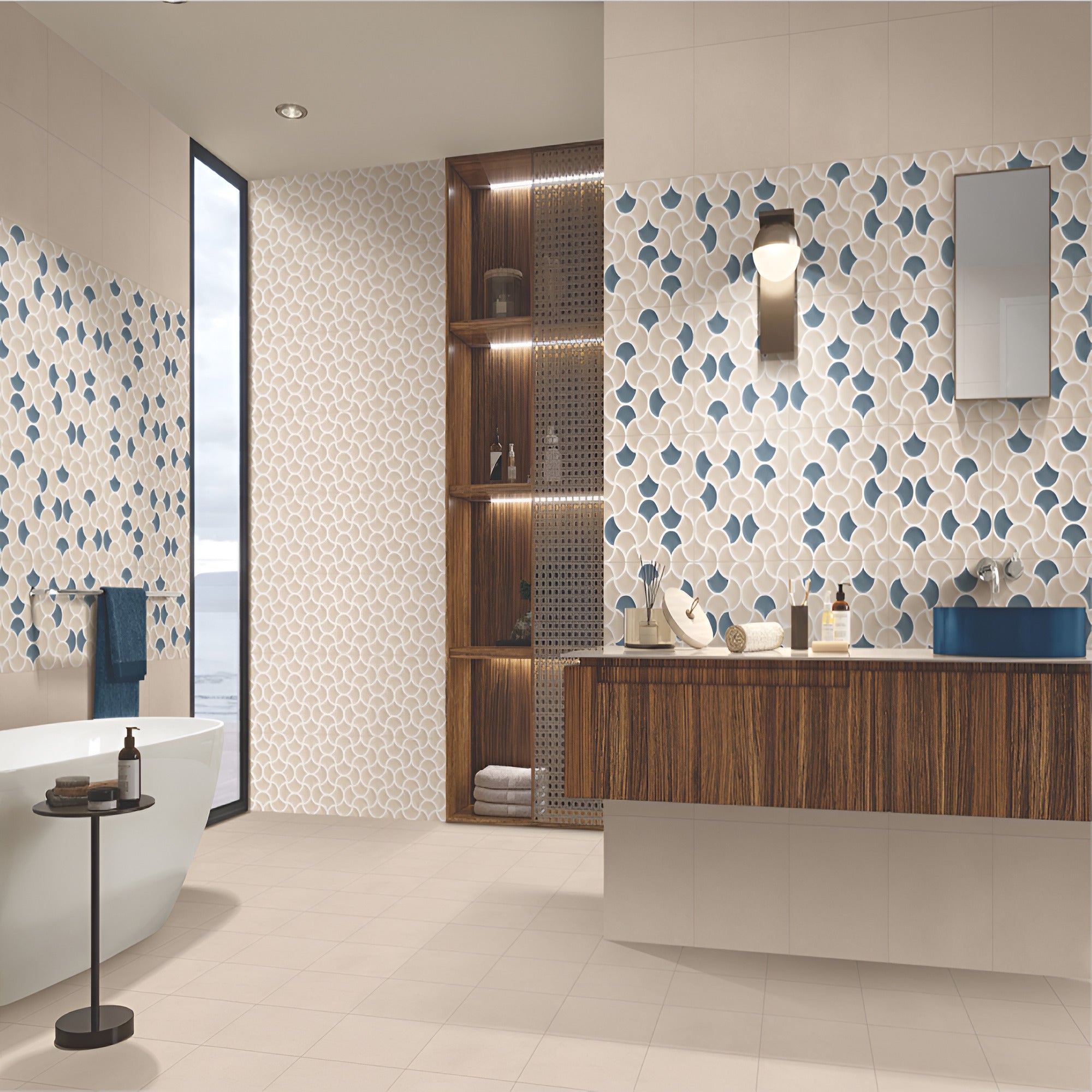 507-MN ceramic wall tile in 12 inch by 12 inch size featuring deep punched and embossed surface with refined highlighter detailing, installed on an interior wall to create a rich, decorative, and elegant visual effect suitable for modern living spaces, bathrooms, and feature walls.