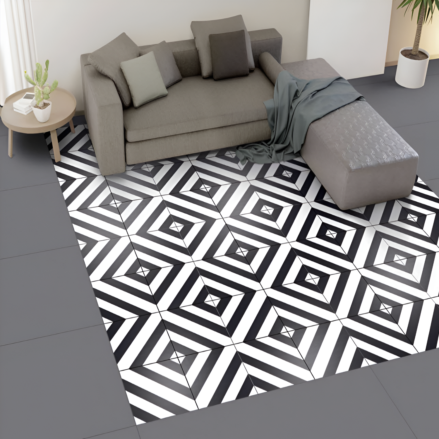 512 Decor Moroccan Vitrified Tile 12x12 inch in blue and white, featuring bold geometric patterns with sharp linework and contrasting angular designs for a striking modern Moroccan aesthetic.










