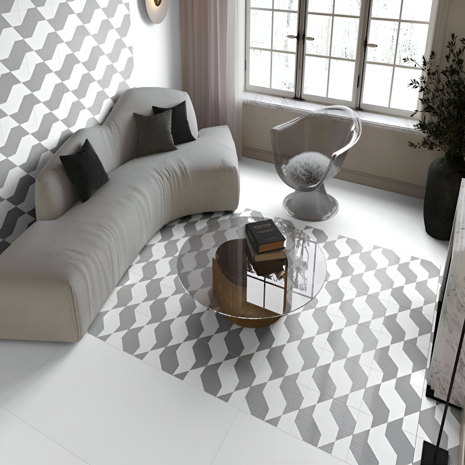 513 Decor Moroccan Vitrified Tile 12x12 inch showcasing a black and white geometric design with bold diagonal and vertical line patterns creating a modern, optical illusion effect.