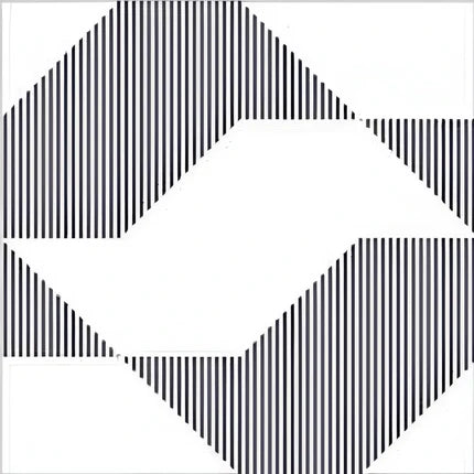 513 Decor Moroccan Vitrified Tile 12x12 inch showcasing a black and white geometric design with bold diagonal and vertical line patterns creating a modern, optical illusion effect.