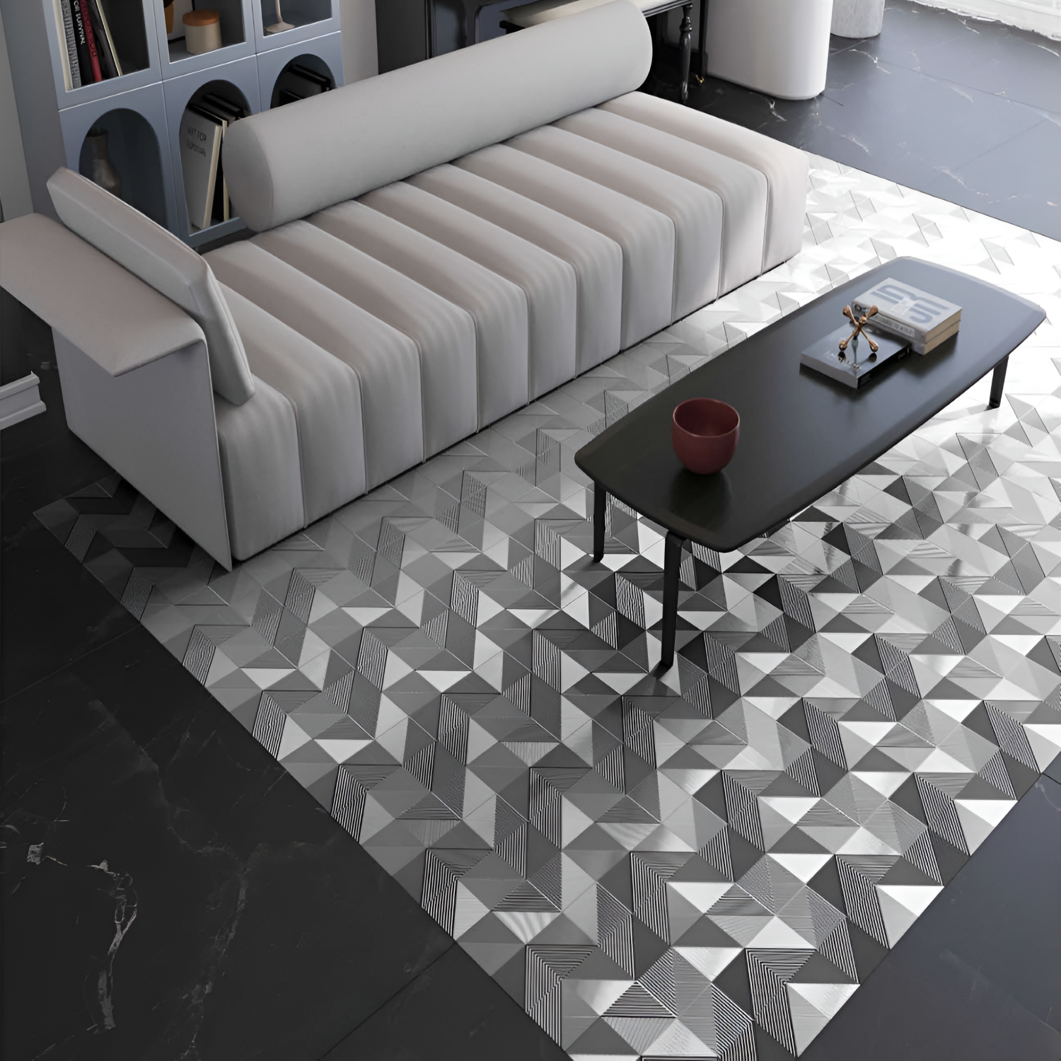 514 Decor Moroccan Vitrified Tile 12x12 inch with bold black and white linear geometric patterns forming optical illusions and angular abstract designs.









