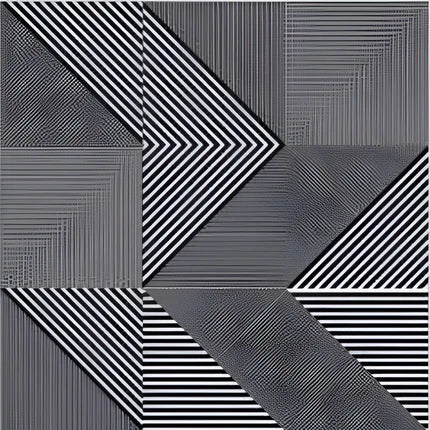 514 Decor Moroccan Vitrified Tile 12x12 inch with bold black and white linear geometric patterns forming optical illusions and angular abstract designs.
