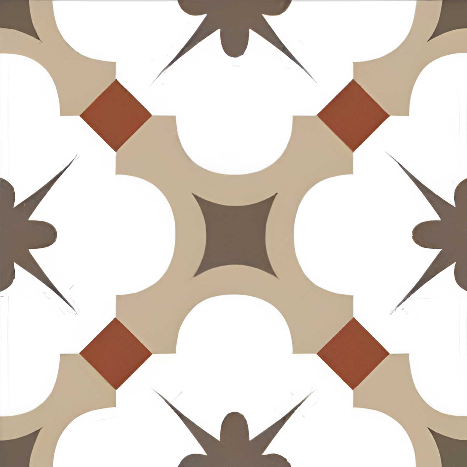 532 Decor Moroccan Vitrified Tile 12x12 inch showcasing a classic starburst floral motif in white and beige, framed by elegant curving accents and ornamental patterns in deep blue and earthy brown tones.