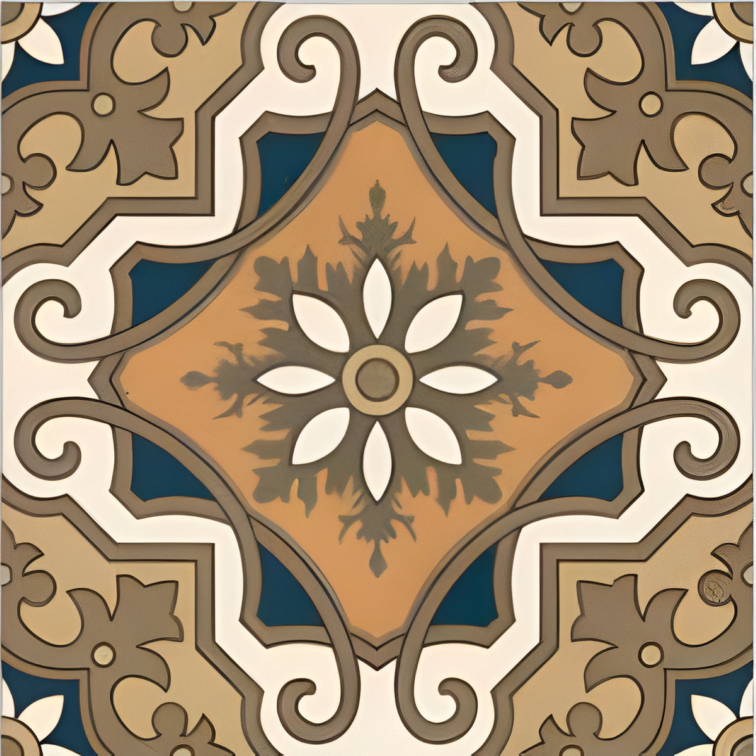 533 Decor Moroccan Vitrified Tile 12x12 inch featuring a bold central floral motif with petal shapes in white and beige, surrounded by intricate scrollwork and ornamental corners in rich blue and tan tones.