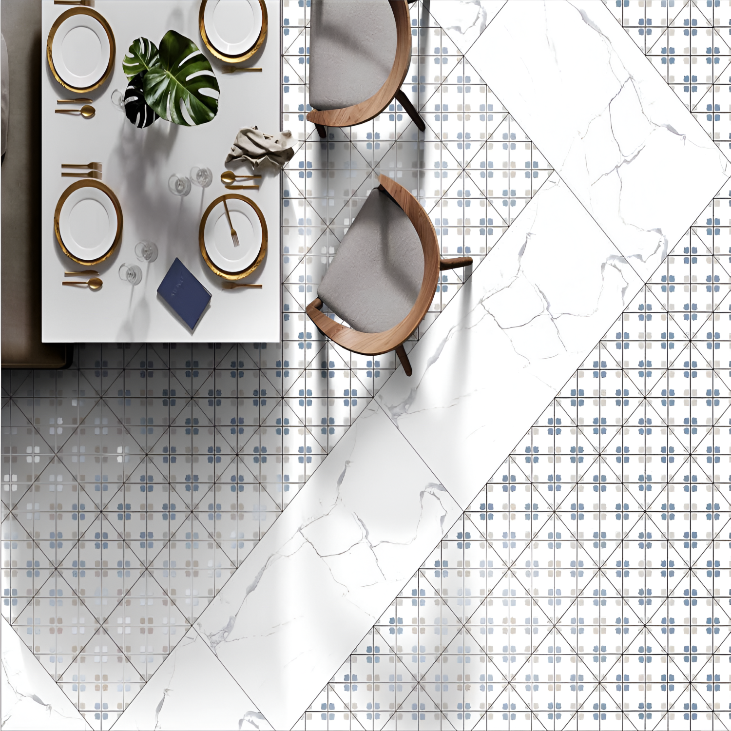 Floor layout of 534 Decor Moroccan Vitrified Tile 12x12 inch featuring blue, white, and beige tones with intricate geometric and floral motifs arranged in a repeating diamond pattern, creating a vibrant and traditional Moroccan look.








