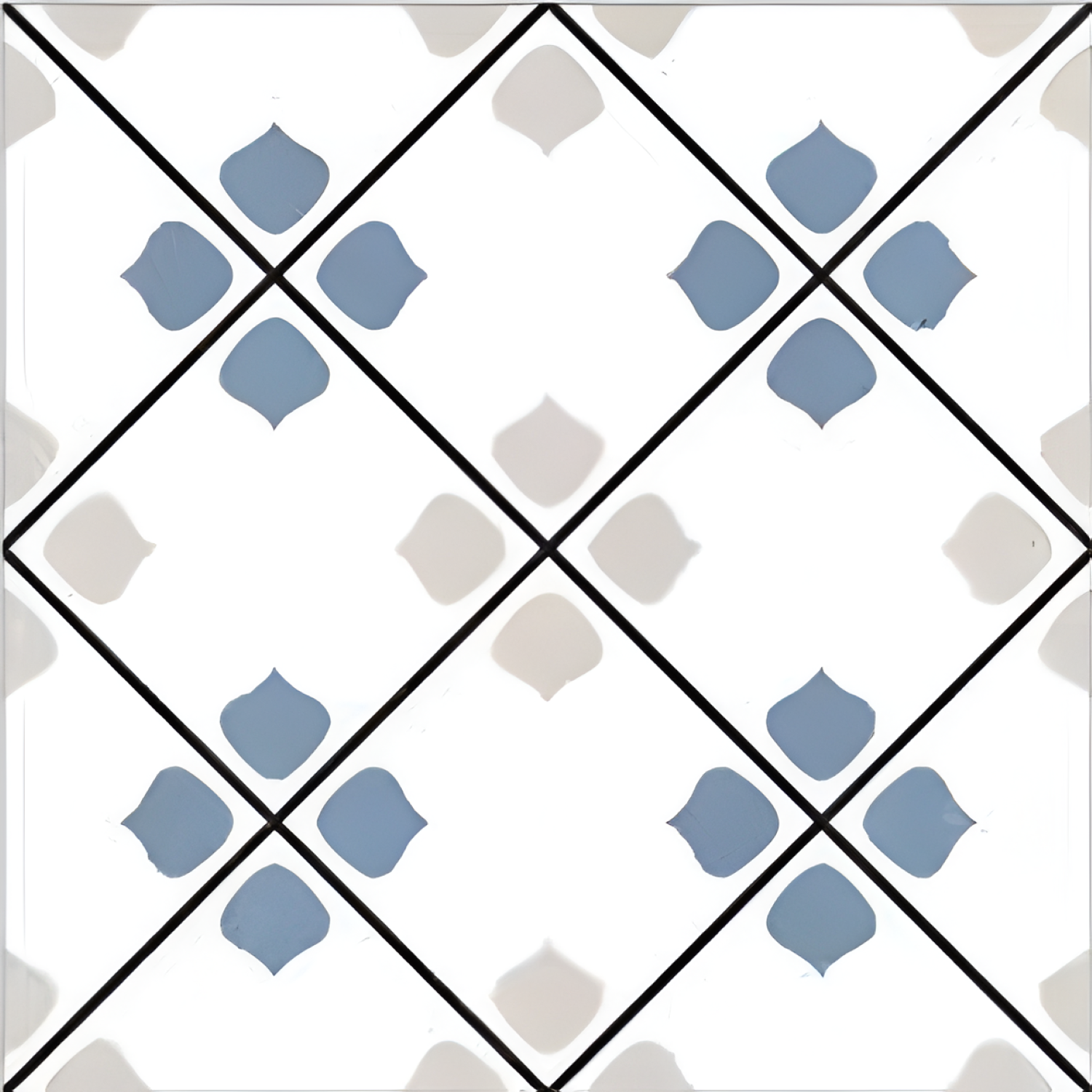 Floor layout of 534 Decor Moroccan Vitrified Tile 12x12 inch featuring blue, white, and beige tones with intricate geometric and floral motifs arranged in a repeating diamond pattern, creating a vibrant and traditional Moroccan look.








