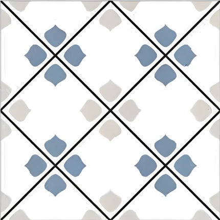 Floor layout of 534 Decor Moroccan Vitrified Tile 12x12 inch featuring blue, white, and beige tones with intricate geometric and floral motifs arranged in a repeating diamond pattern, creating a vibrant and traditional Moroccan look.
