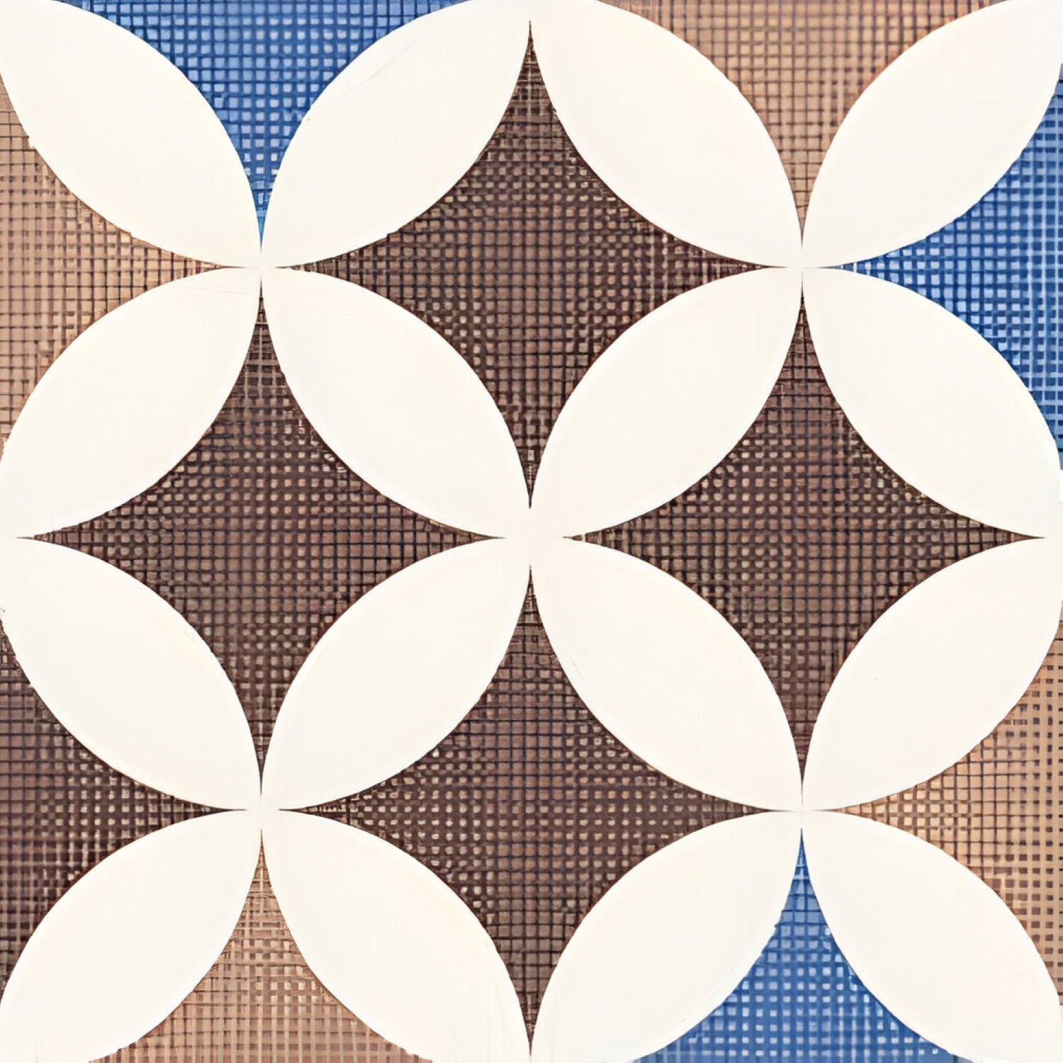 Top view of 535 Decor Moroccan Vitrified Tile 12x12 inch featuring bold geometric and floral patterns in earthy tones, arranged in a symmetrical grid for a vibrant and decorative look.