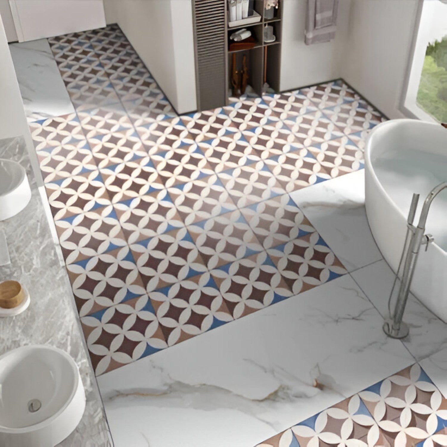 Top view of 535 Decor Moroccan Vitrified Tile 12x12 inch featuring bold geometric and floral patterns in earthy tones, arranged in a symmetrical grid for a vibrant and decorative look.