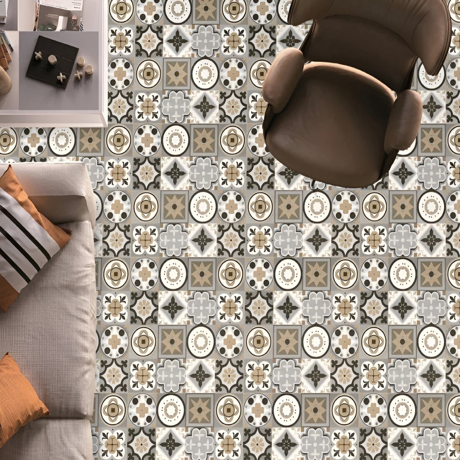 60030 Moroccan Tile – 24x24 inch ceramic tile featuring traditional Moroccan geometric and floral patterns in neutral beige and gray tones with a vintage finish.