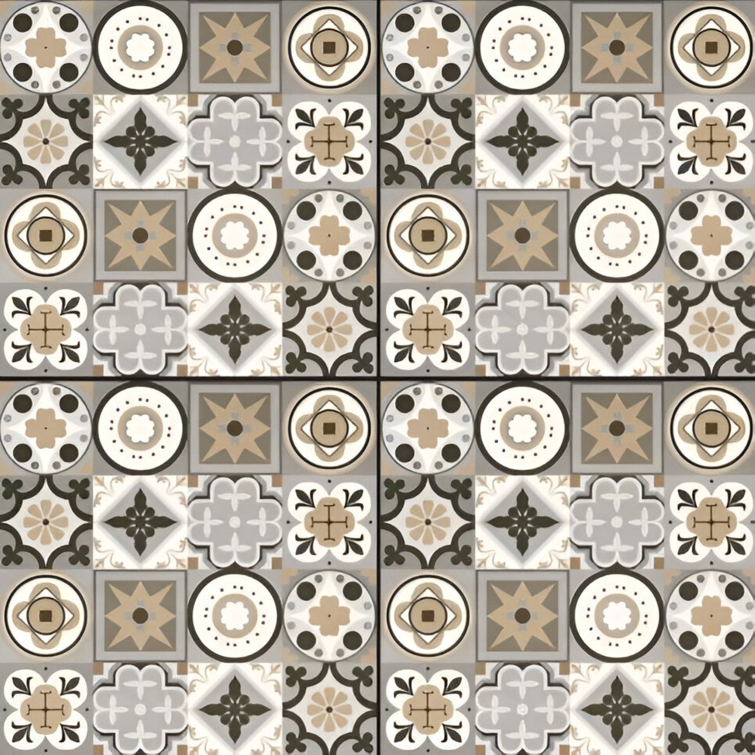 60030 Moroccan Tile – 24x24 inch ceramic tile featuring traditional Moroccan geometric and floral patterns in neutral beige and gray tones with a vintage finish.
