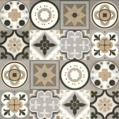 60030 Moroccan Tile – 24x24 inch ceramic tile featuring traditional Moroccan geometric and floral patterns in neutral beige and gray tones with a vintage finish.