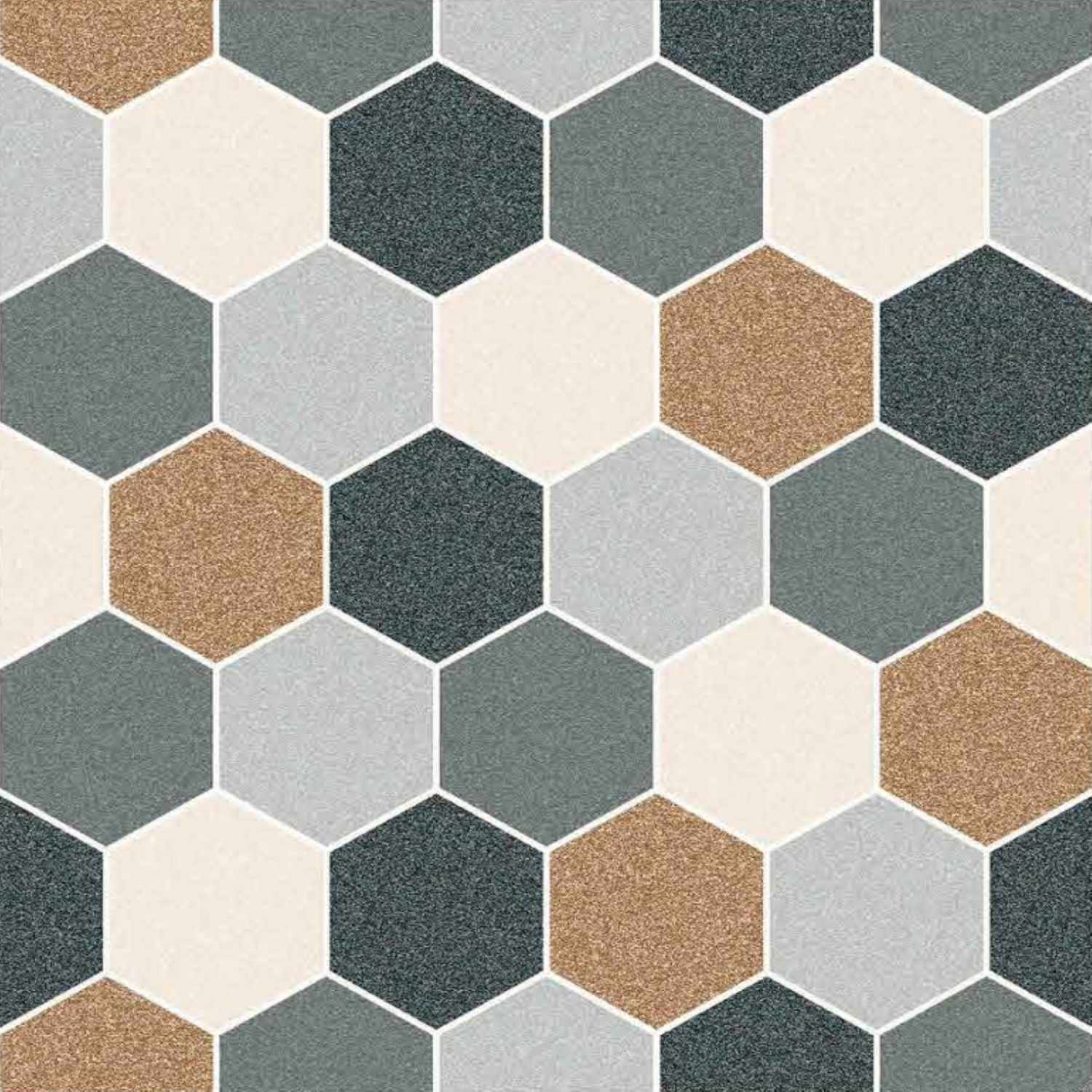 Outdoor patio flooring with hexagonal Moroccan vitrified tiles in a repeating pattern of beige, white, and dark gray, styled with a wooden dining table, rattan chairs, and lush greenery.