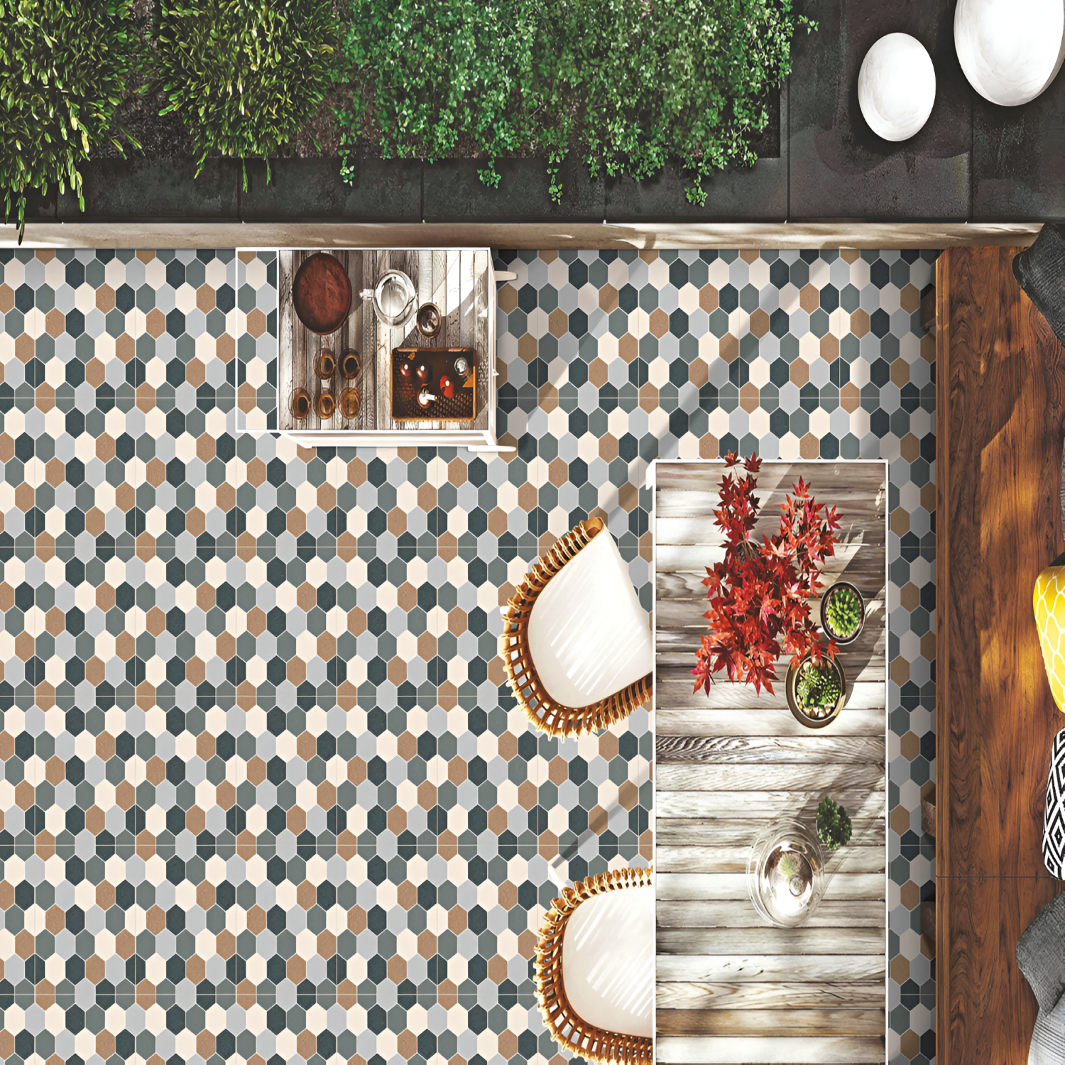Outdoor patio flooring with hexagonal Moroccan vitrified tiles in a repeating pattern of beige, white, and dark gray, styled with a wooden dining table, rattan chairs, and lush greenery.