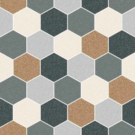 Outdoor patio flooring with hexagonal Moroccan vitrified tiles in a repeating pattern of beige, white, and dark gray, styled with a wooden dining table, rattan chairs, and lush greenery.