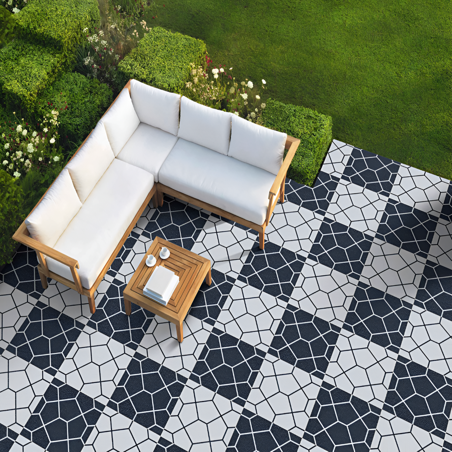 Outdoor patio space with wooden seating on geometric Moroccan vitrified tiles in black and white, featuring interlocking star and polygon patterns for a striking modern look.