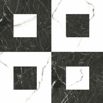 6421 Moroccan Vitrified Tile – 16x16 inch ceramic tile featuring an interlocking petal-style white pattern on a deep black background, perfect for stylish accent walls and floors.