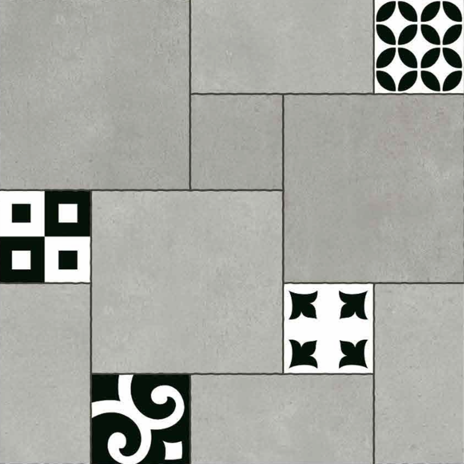 6448 Moroccan Vitrified Tile – 16x16 inch ceramic tile showcasing a bold black-and-white geometric floral pattern, ideal for vintage-inspired or modern interiors.