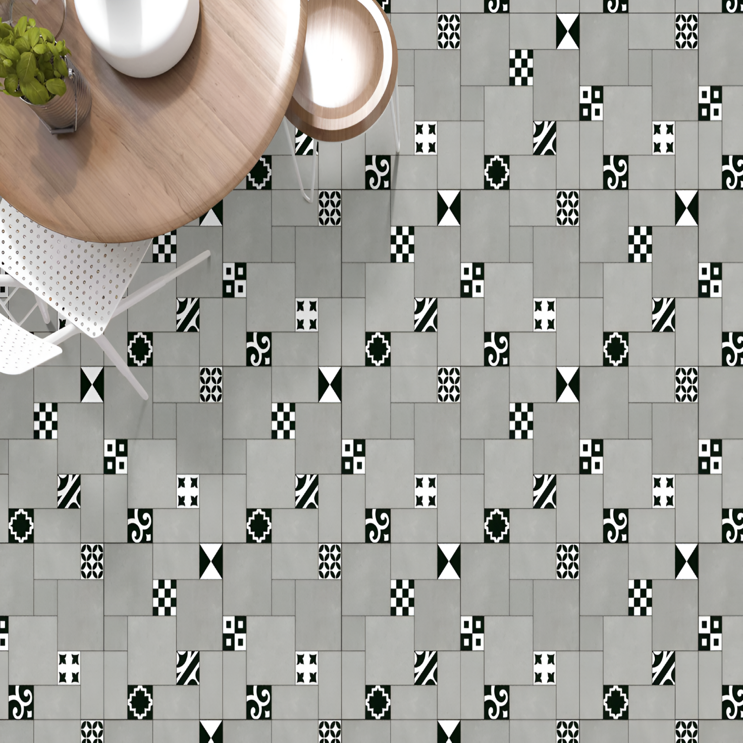 6448 Moroccan Vitrified Tile – 16x16 inch ceramic tile showcasing a bold black-and-white geometric floral pattern, ideal for vintage-inspired or modern interiors.
