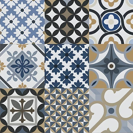 8062 Moroccan Vitrified Tile in 16×16 inch size, featuring intricate printed Moroccan and rangoli-inspired geometric patterns arranged in a symmetrical layout, showing a matt surface texture suitable for residential and commercial interior flooring applications.