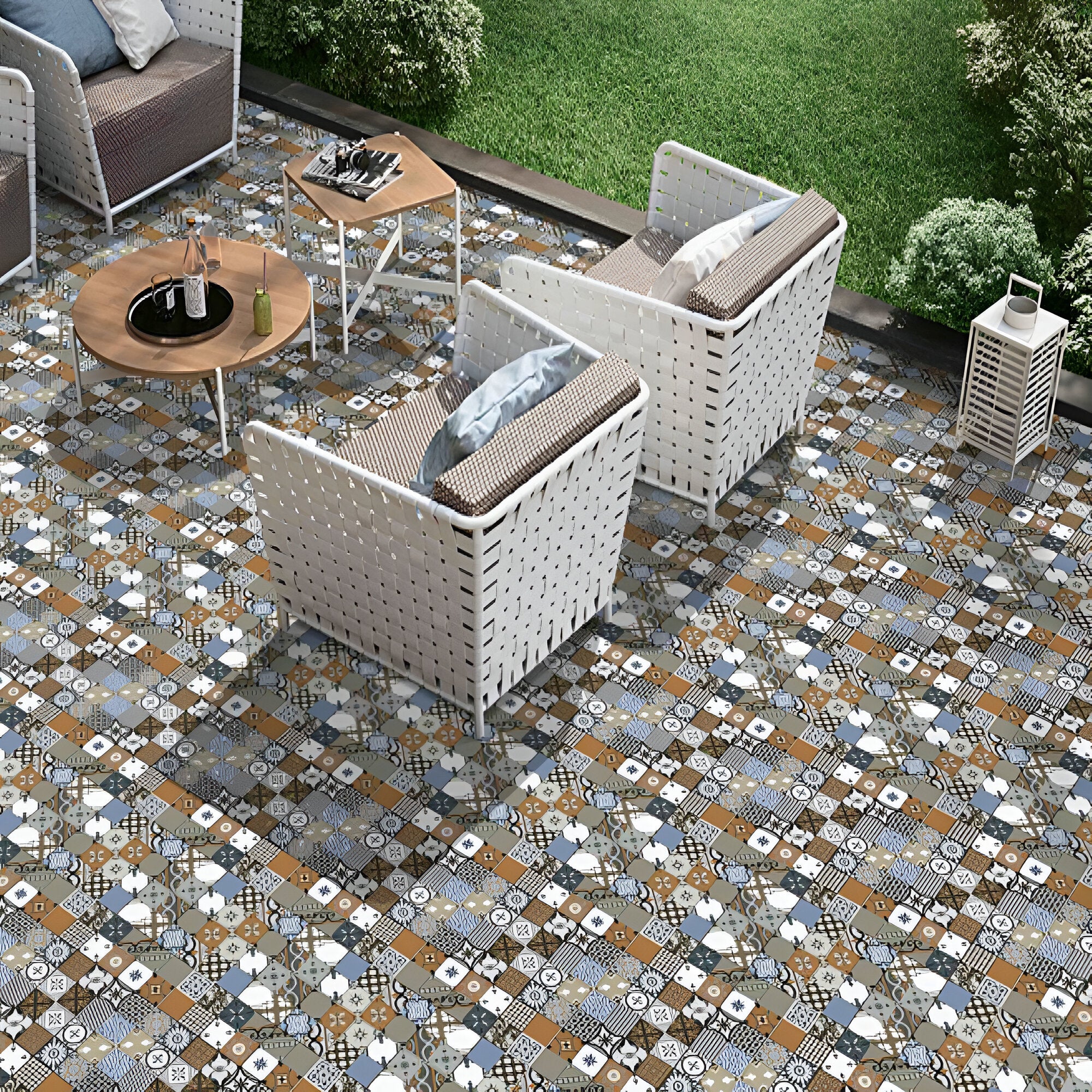 8065 Moroccan vitrified floor tile with detailed printed Moroccan and Rangoli inspired geometric pattern, matt finish surface, square 16×16 inch decorative tile suitable for residential and commercial flooring applications.