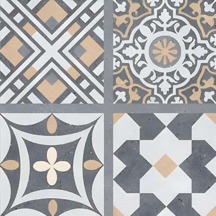 8072 Moroccan vitrified floor tile in 16x16 inch size featuring detailed printed Moroccan and Rangoli-inspired patterns with a matt finish surface, suitable for decorative residential and commercial flooring applications, offering durable, low-porosity and easy-to-maintain tile design.
