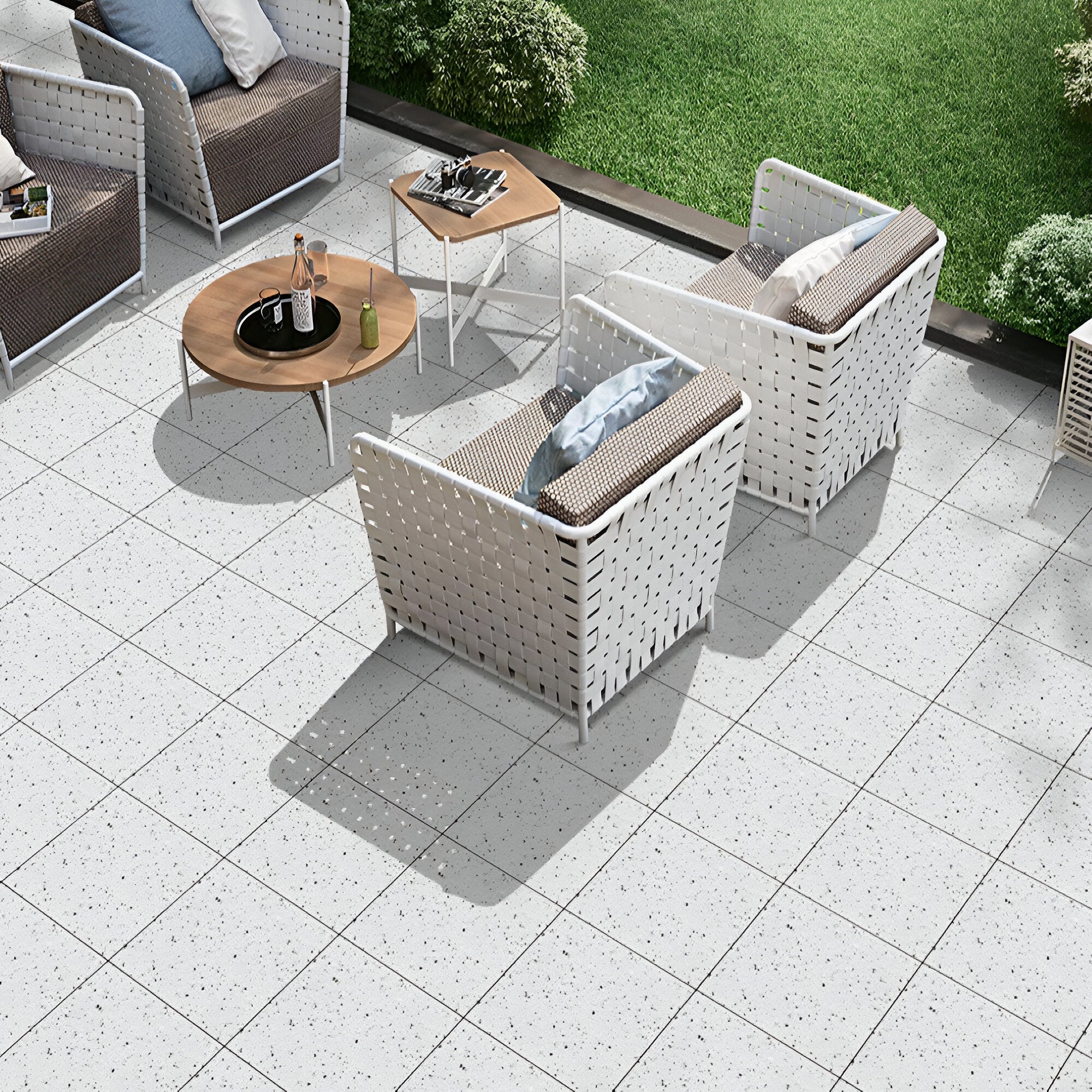 8125 terrazzo vitrified floor tile with detailed terrazzo pattern design, matt surface texture, square 16x16 inch format installed in a modern interior flooring layout showing clean edges and seamless alignment.