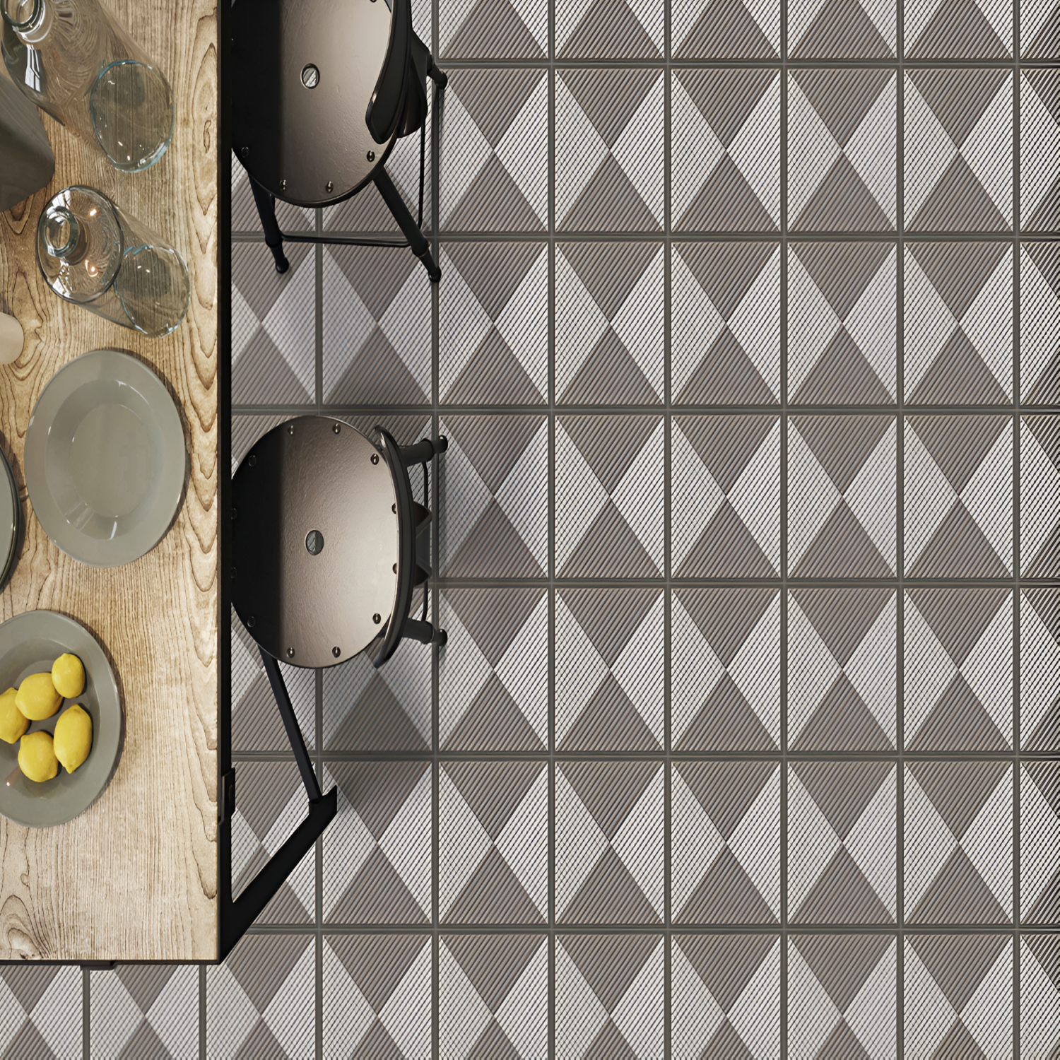 Plaid Pattern Vitrified Tile – 16x16 inch Moroccan-style vitrified tile featuring a checkered plaid design in shades of black, grey, and white, laid on a kitchen floor with dining setup.