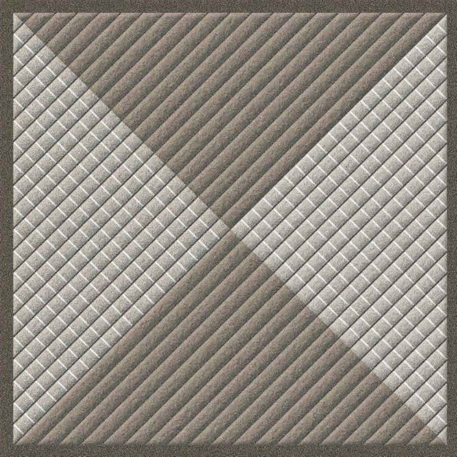 Plaid Pattern Vitrified Tile – 16x16 inch Moroccan-style vitrified tile featuring a checkered plaid design in shades of black, grey, and white, laid on a kitchen floor with dining setup.