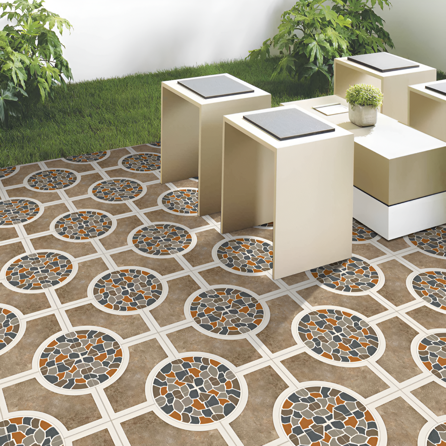 9257 Moroccan Vitrified Tile – 16x16 inch vitrified tile featuring traditional Moroccan geometric and floral patterns in soft beige and earthy tones.