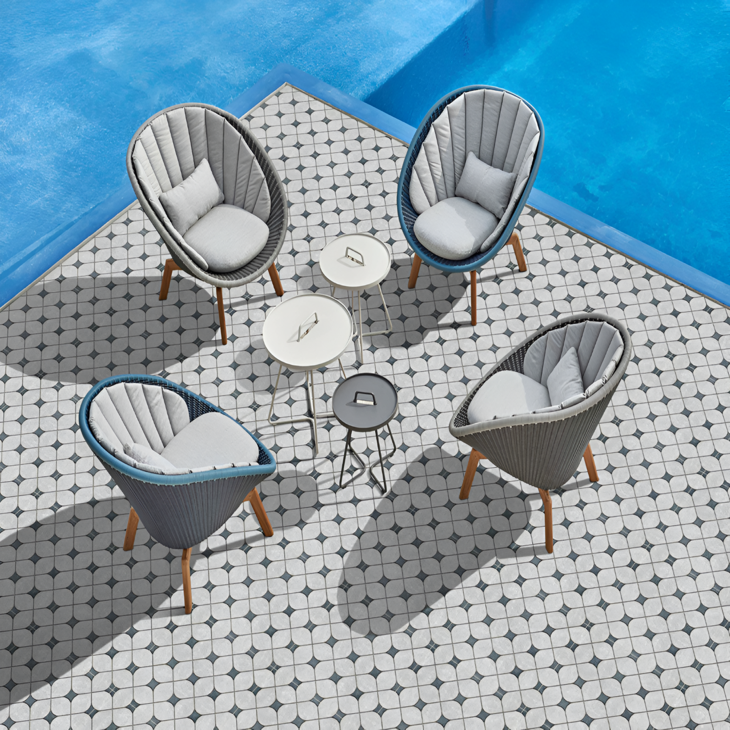 9760 Moroccan Vitrified Tile – 16x16 inch vitrified tile featuring intricate Moroccan patterns in classic black and white tones with detailed geometric and floral designs.






