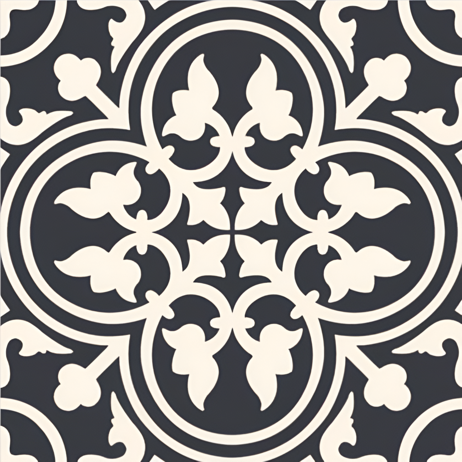 Alham Black Moroccan Vitrified Tile – 16x16 Inch floor tile featuring intricate ivory floral and geometric motifs on a deep black background, ideal for bold and elegant interior flooring.