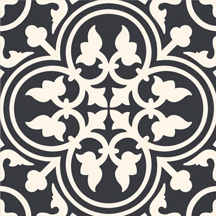 Alham Black Moroccan Vitrified Tile – 16x16 Inch floor tile featuring intricate ivory floral and geometric motifs on a deep black background, ideal for bold and elegant interior flooring.