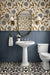 Alham Black Moroccan Vitrified Tile 16x16 Inch (B) featuring intricate Moroccan and rangoli-inspired printed patterns on a matt-finish vitrified surface, installed in a stylish bathroom setting showcasing decorative floor and wall applications, elegant geometric detailing, durable construction, and premium craftsmanship suitable for modern and traditional interior spaces.