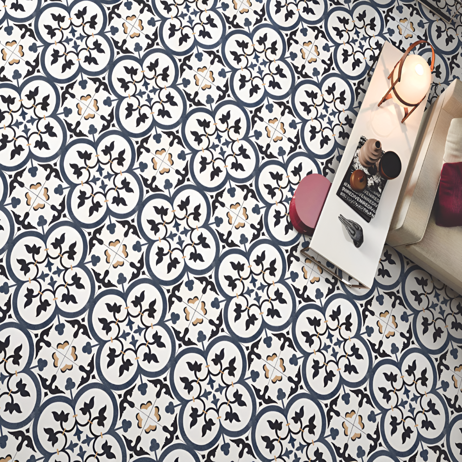 Alham Blue Moroccan Vitrified Tile 16x16 inch with a matt finish, featuring intricate Moroccan-inspired patterns in vibrant blue tones, durable and scratch-resistant surface, ideal for stylish floors and walls.
