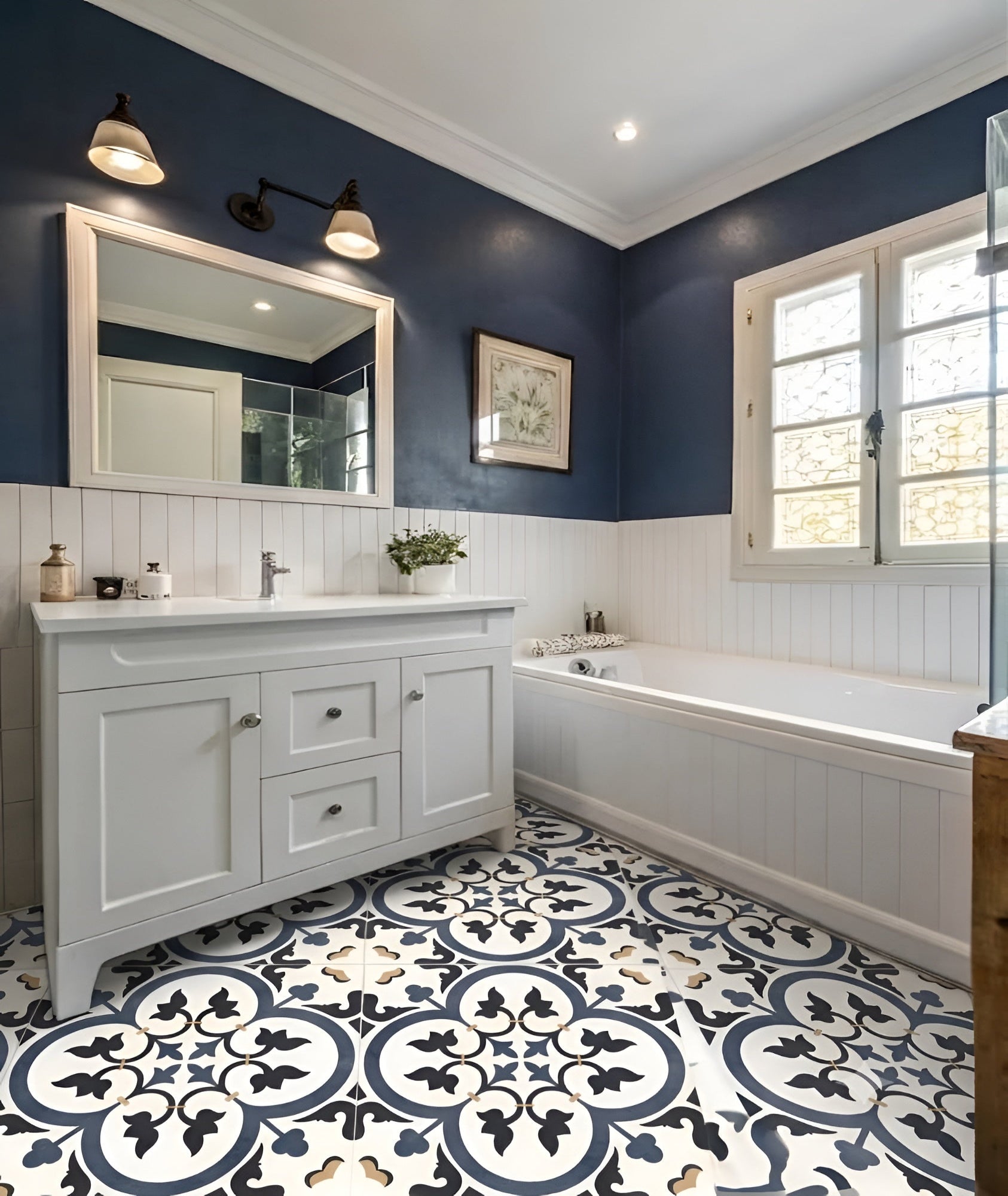 Alham Blue Moroccan Vitrified Tile 16×16 Inch (B) featuring an intricate Moroccan-inspired printed Rangoli pattern with a premium matt finish, designed for bathroom floor applications. This durable vitrified tile showcases detailed ornamental motifs that create a sophisticated decorative flooring solution for both modern and traditional bathroom interiors.