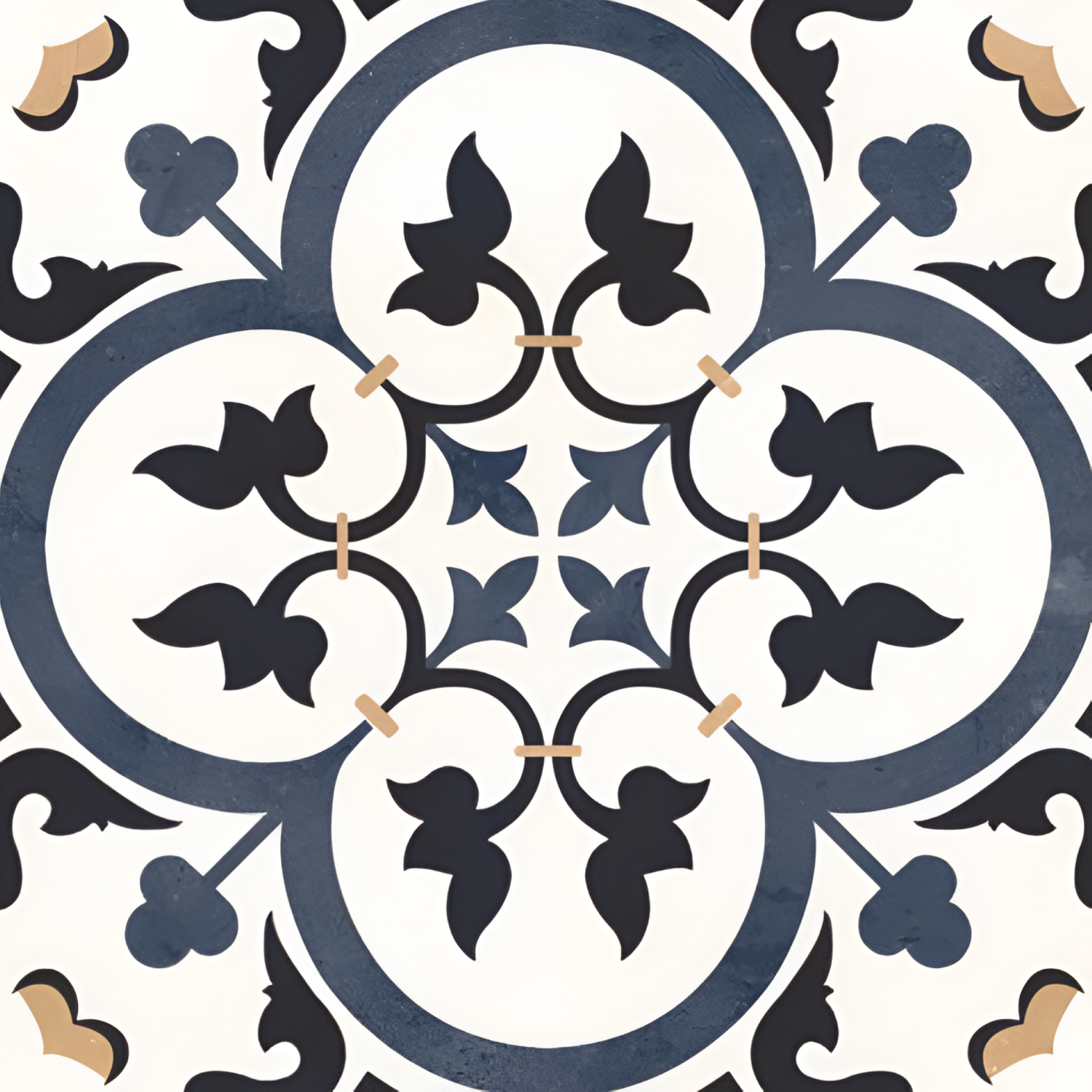 Alham Blue Moroccan Vitrified Tile 16x16 inch with a matt finish, featuring intricate Moroccan-inspired patterns in vibrant blue tones, durable and scratch-resistant surface, ideal for stylish floors and walls.
