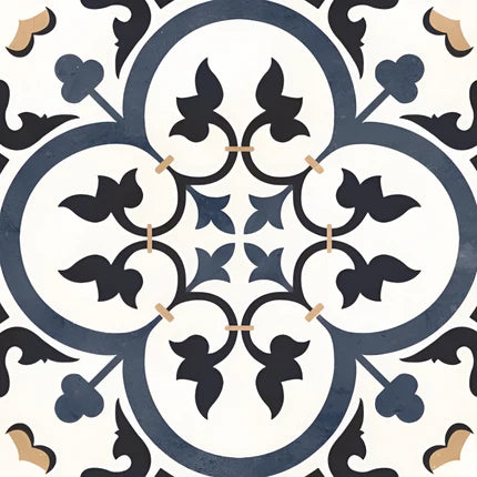 Alham Blue Moroccan Vitrified Tile 16×16 Inch (B) featuring an intricate Moroccan-inspired printed Rangoli pattern with a premium matt finish, designed for bathroom floor applications. This durable vitrified tile showcases detailed ornamental motifs that create a sophisticated decorative flooring solution for both modern and traditional bathroom interiors.