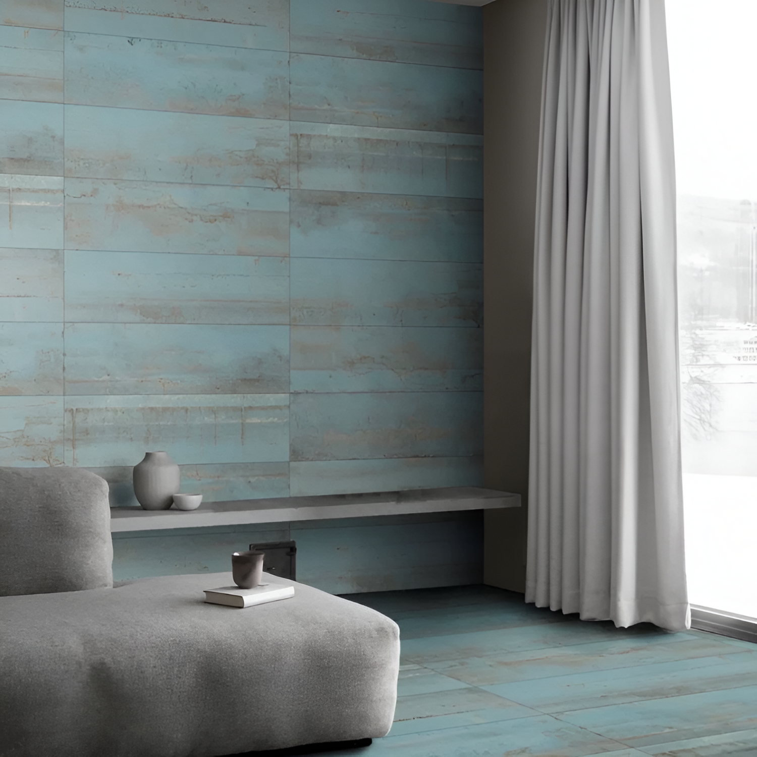 Amber Aqua Carving Vitrified Tile 12x48 Inch with intricate carved patterns in warm amber and soft aqua tones, smooth polished finish, ideal for elegant and decorative flooring or wall applications
