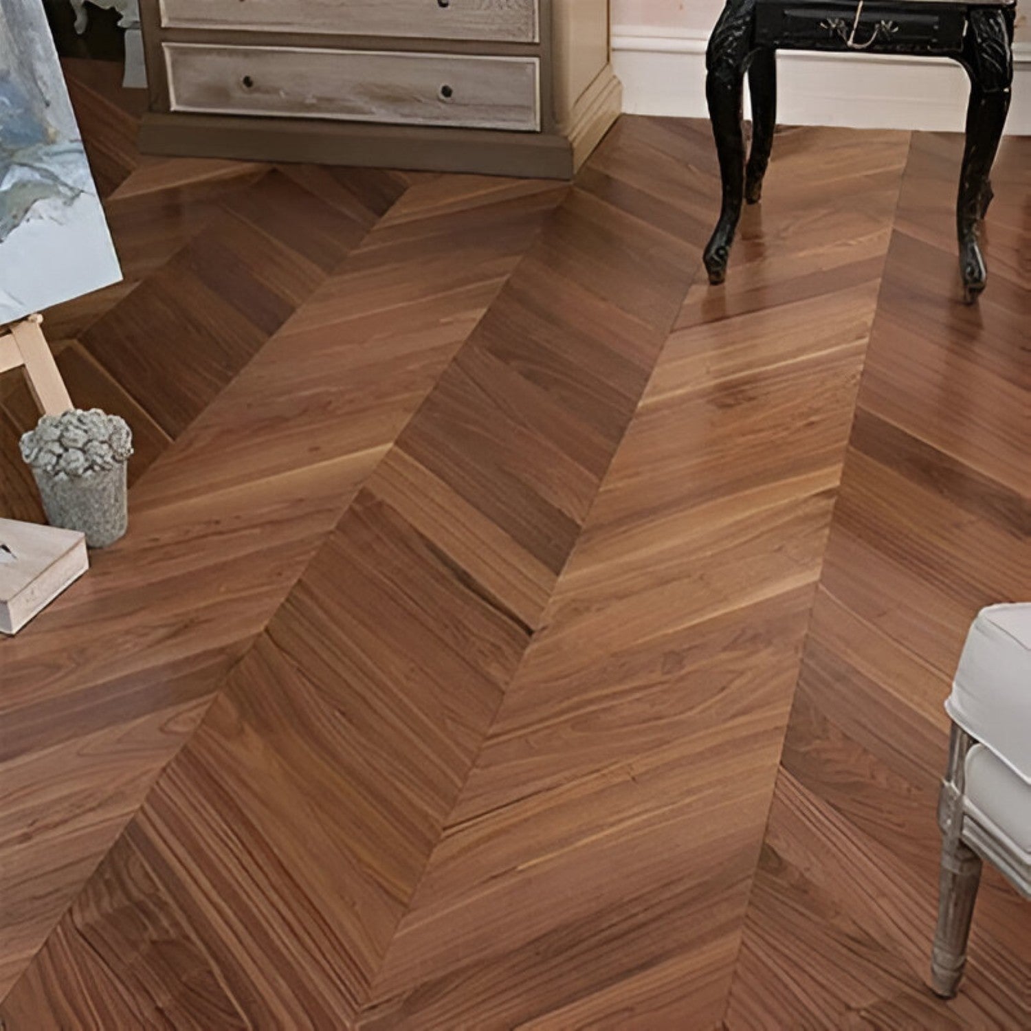 American Walnut Chevron Flooring 4x24 inch with rich walnut finish, durable solid wood surface, featuring stylish chevron pattern, perfect for elegant interiors, living spaces, and high-end commercial flooring applications
