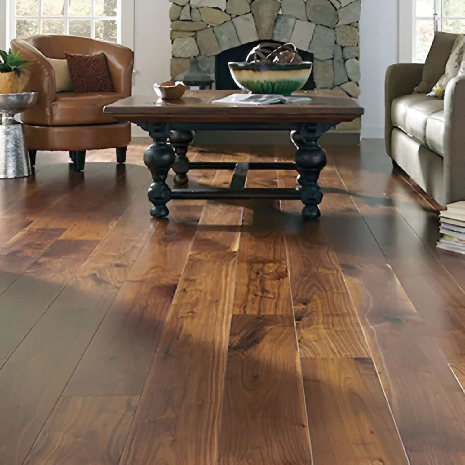 American Walnut Dark Engineered Flooring 7x75 Inch, showcasing deep rich walnut tones with natural grain patterns and a smooth, durable finish for sophisticated interiors.
