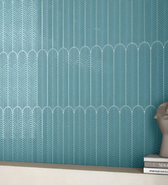 Aqua Mist Feather Tile – 3x12 Inch Glossy Blue Subway Tile for Bathroom and Kitchen Backsplash