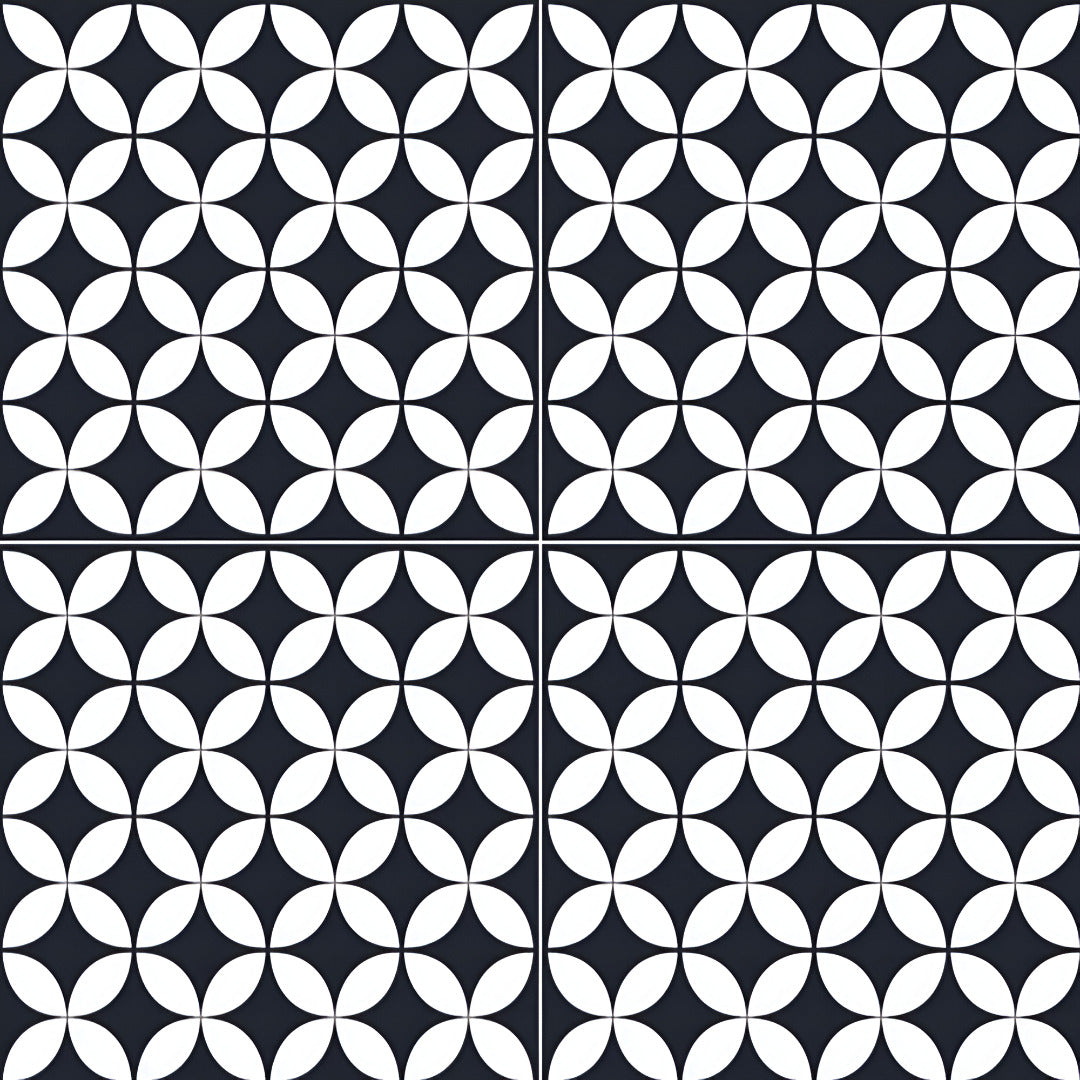 Arch Moroccan Vitrified Tile 24 x 24 Inch showing intricate black and white printed Moroccan pattern in matt finish, ideal for vintage and contemporary interiors, suitable for floor and wall applications, showcasing geometric motifs with a smooth vitrified surface.