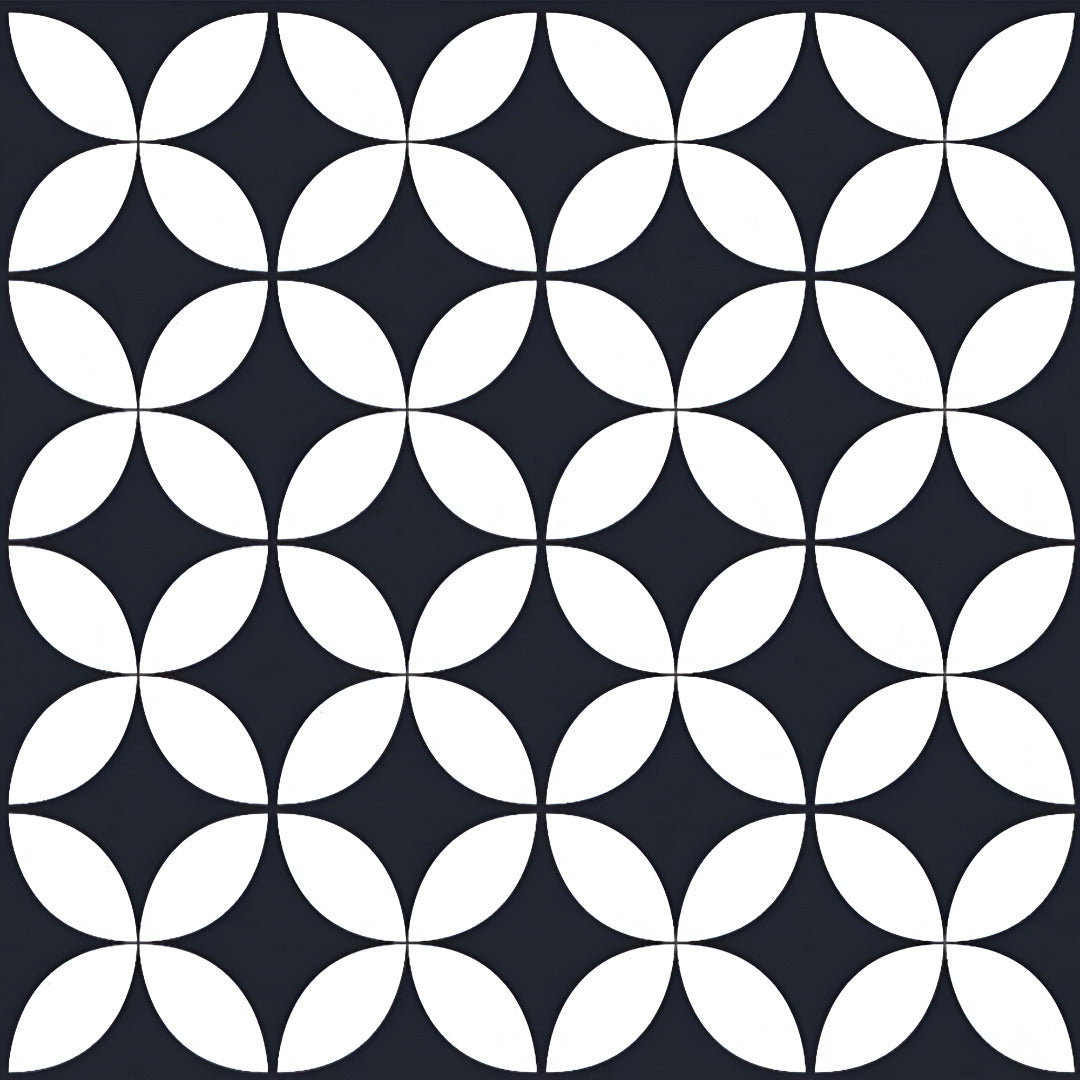 Arch Moroccan Vitrified Tile 24 x 24 Inch showing intricate black and white printed Moroccan pattern in matt finish, ideal for vintage and contemporary interiors, suitable for floor and wall applications, showcasing geometric motifs with a smooth vitrified surface.
