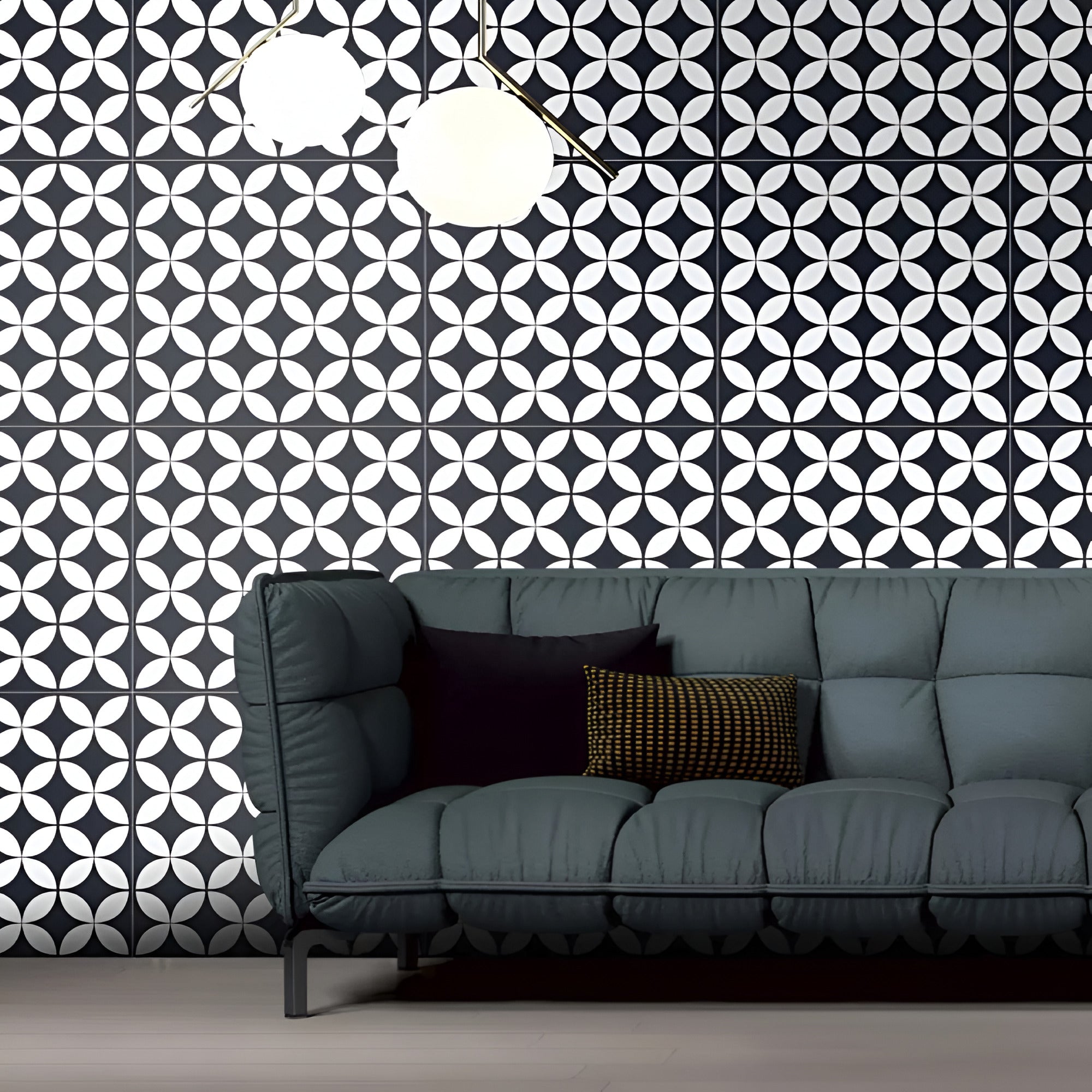 Arch Moroccan Vitrified Tile 24 x 24 Inch showing intricate black and white printed Moroccan pattern in matt finish, ideal for vintage and contemporary interiors, suitable for floor and wall applications, showcasing geometric motifs with a smooth vitrified surface.