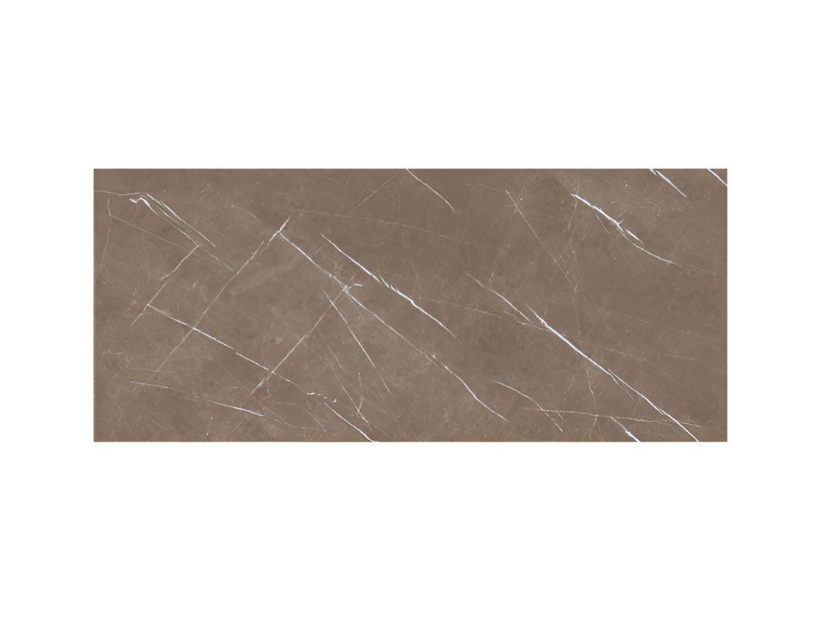 Arina Coffee vitrified tile in 24x48 inch size featuring marble-inspired natural stone patterns with a smooth glossy surface, installed in a modern interior space showing seamless large-format flooring and wall application with refined detailing.