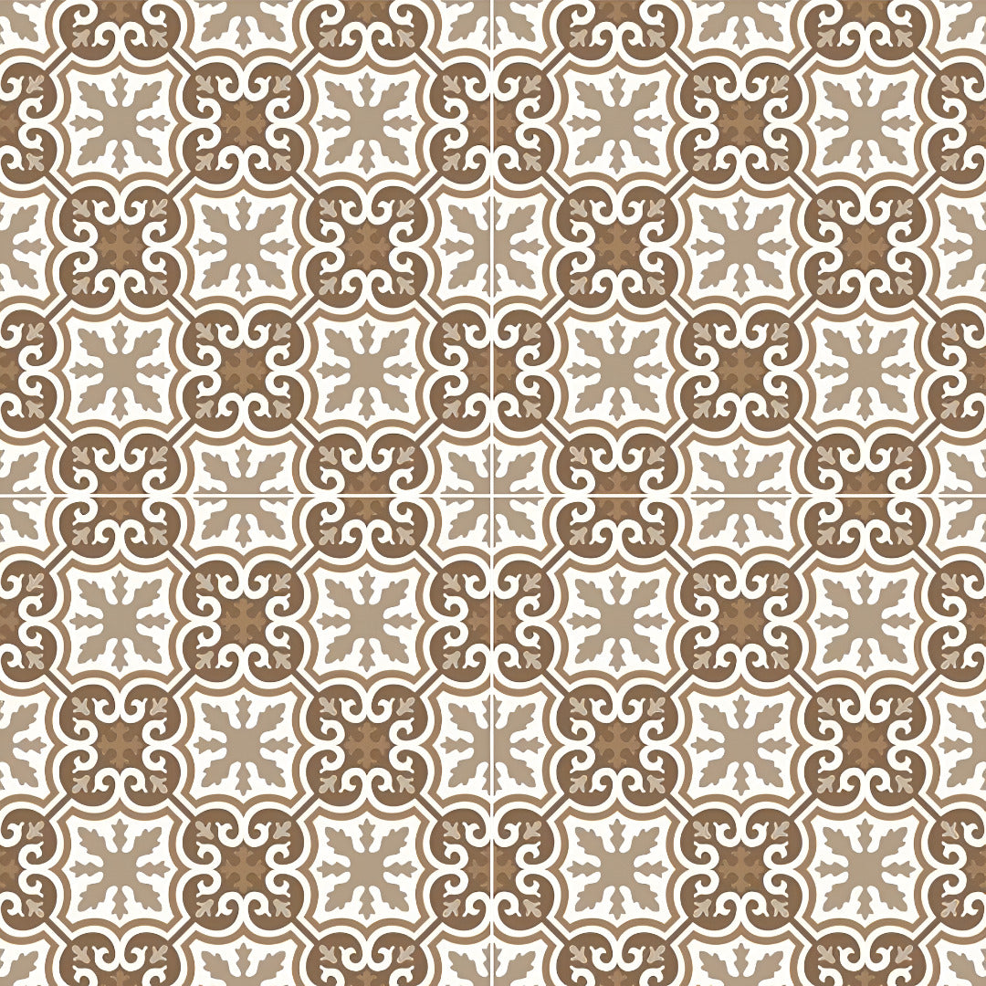 Armeida Moroccan Vitrified Tile 24 x 24 Inch in brown matt finish featuring intricate Moroccan and Rangoli-inspired printed patterns — ideal for stylish walls and floors in living rooms, kitchens, or cafés, offering a blend of ethnic artistry and modern durability.